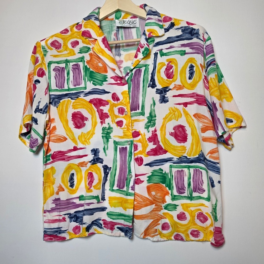 Jessie Abstract Painterly Brushstroke Print Rayon Button Down Shirt Multi Medium
